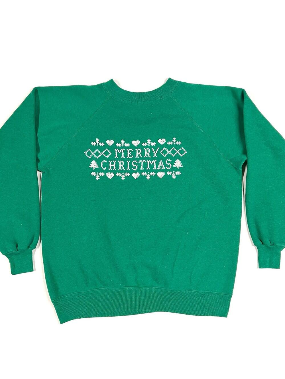 Vintage Christmas Sweeter Knit Stitched Thread Merry Christmas Womens Sz L Green